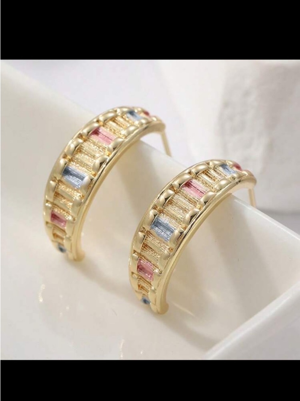 Gold Multi-Color Hoop Earrings with Pink and Blue Accents R 525
